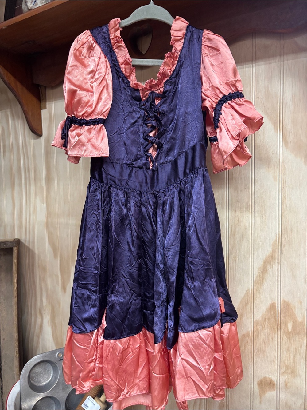 Vintage Navy and Pink Satin Peasant Handmade Dress